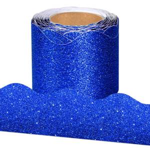 lot 8765 image: 65.6Ft Dark Blue Glitter Bulletin Board Border, Shiny Scalloped Bulletin Board Borders for Home Office School Classroom Chalkboard Wall Window Decor - Retail $10