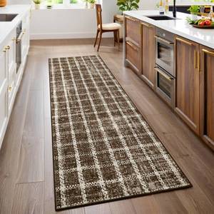 lot 8774 image: 2x6 Runner Rug Non-Slip Washable Low-Pile - Checkered Braided Geometric Print for Kitchen Bathroom Hallway Entryway Indoor Khaki Brown - Retail $29
