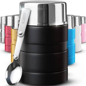 lot 8783 image: Earth&ME Stainless Steel Thermo For Hot Food 17OZ with Folding Spoon, Vacuum Insulated Food Container, Soup Thermo with Wide Mouth, Insulated Food Jar for Hot & Cold Food, Black - Retail $12