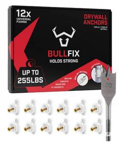 lot 8786 image: Bullfix Universal Heavy Duty Drywall Anchors - Starter 12 Pack, Holds up to 255lbs, Heavy Duty Wall Anchors for Drywall for Stud & Hollow cavity - Retail $17