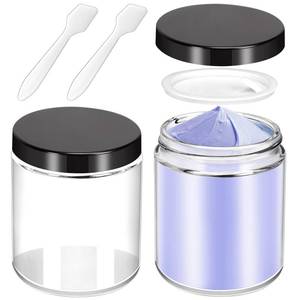 lot 8792 image: MotBach 2 Pack 8oz Glass Jars with Lids, Round Glass Jars with Spatulas, Inner Liners and Black Lids, Empty Cosmetic Containers Travel Toiletries Container for Lotion, Cream, Makeup, Cosmetic, Slime MISSING ONE SPATULA - Retail $8