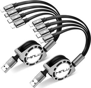 lot 8806 image: MINLU Multi Charging Cable 4A, 2Pack 4Ft Retractable Multi Fast Charger Cable, Multiple Charging Cord, 4 in 1 Multi USB Cable with Type CMicro USB Ports for Cell PhonesIPGalaxyPSTabletsiPads - Retail $14