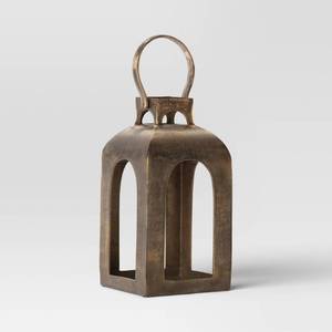 lot 8831 image: 13x7.5 Pillar Cast Aluminum Lantern Candle Holder Gold - Threshold - Retail $60