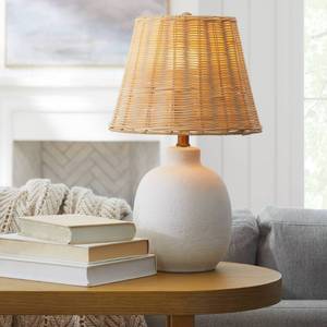 lot 8882 image: SCUFF MARKS18.5x11 Ceramic Table Lamp with Rattan Shade White - Threshold designed with Studio McGee Nightstand Wicker Lighting - Retail $78