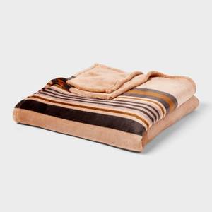 lot 8894 image: FullQueen Microplush Blanket Khaki Border Stripe - Threshold - Retail $40