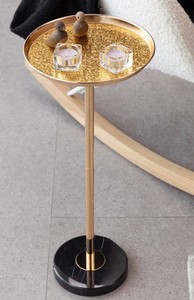 lot 8907 image: Adjustable Gold Side Table Natural Marble Top Small Tea Martini Display Pedestal End Table - Retail $57.88