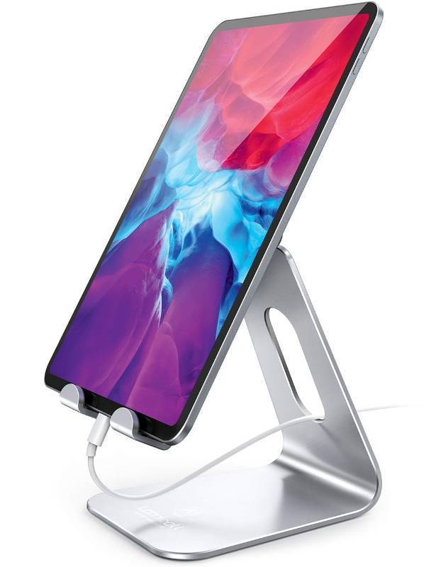 lot 26652 image: Tablet Stand, Tablet Holder for Desk - Multi-Angle Adjustable Tablet Desktop Dock Gifts, Compatible with iPad Pro 11, 12.9, Air, Mini, Fire HD, Galaxy Tab, and Other 4-13 Tablets, Silver - Retail $17