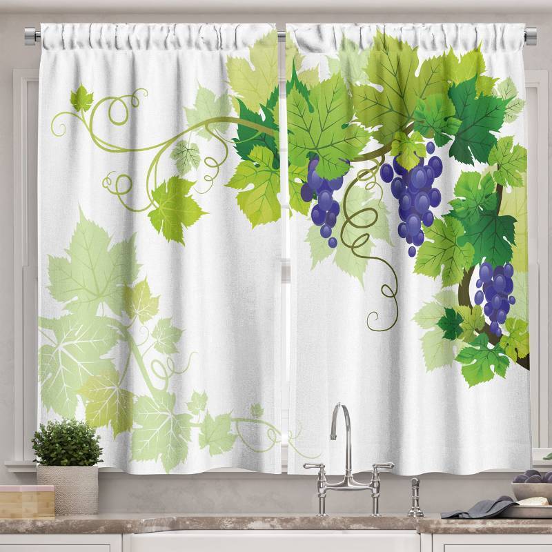 lot 26665 image: Vine Kitchen Curtains, Leaves of Grapes Nature Drawing Style Veins Fruits Food Healthy Options, Window Drapes 2 Panel Set for Kitchen Cafe Decor, 55 X 39, Blue Green - Retail $15