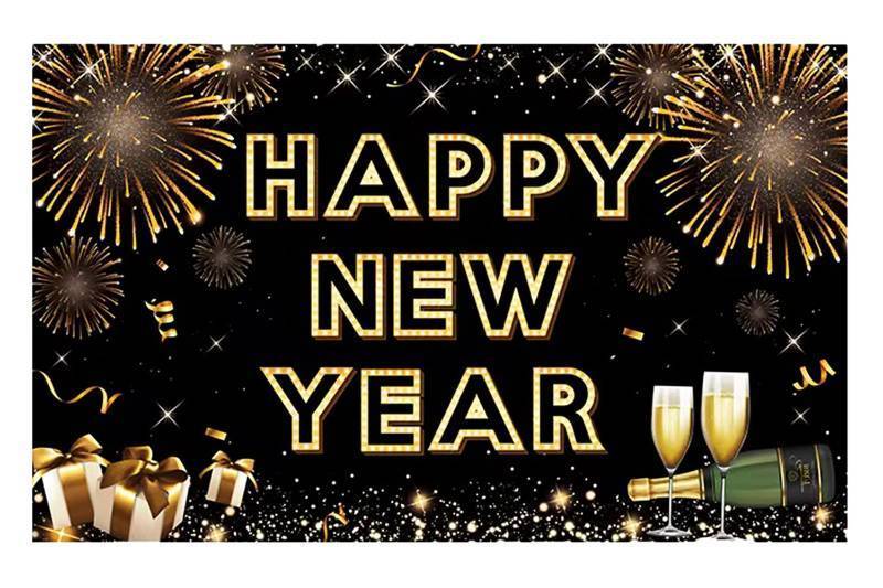 lot 26675 image: Happy New Year Banner for 2026 Party Decoration, Blackgold New Year Eve Banner Photo Backdrop Party Supplies (HAPPY NEW YEAR) - Retail $10