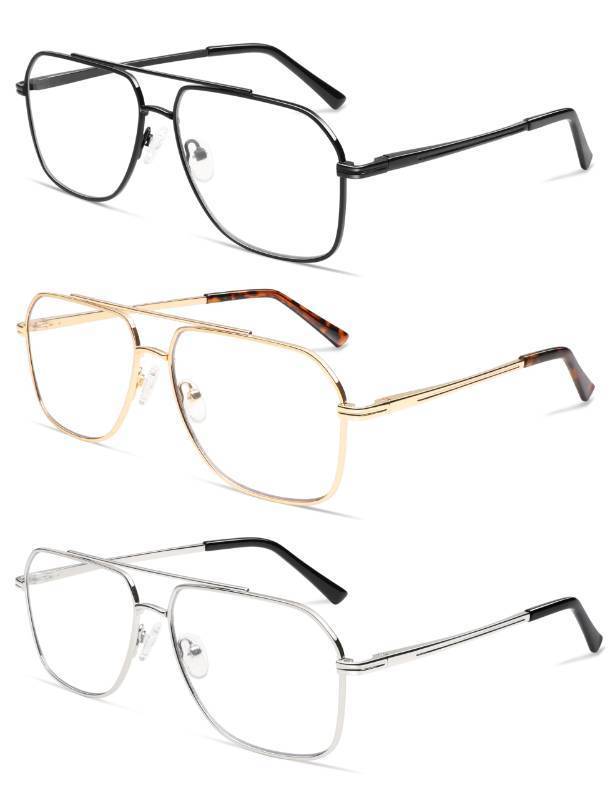 lot 26686 image: Retro Blue Light Aviator Reading Glasses for Women Men, Metal Oversized Large Computer Reader Frame AM6133 C1C2C3 0.0X - Retail $16