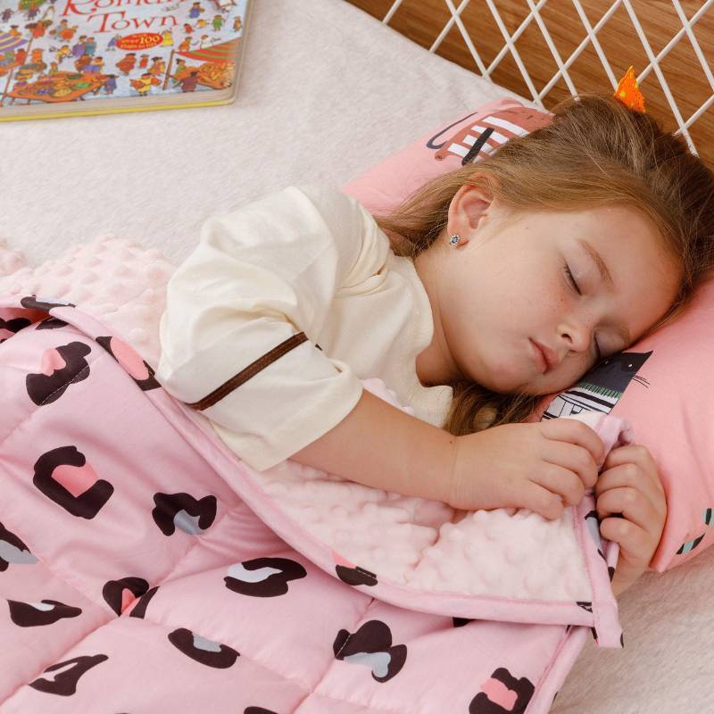 lot 26713 image: Weighted Blanket 5lbs, Ultra Cozy Minky Fleece and Cotton Sided with Cartoon Patterns, Reversible Heavy Blanket Great for Calming and Sleeping, 36x48 inches, Pink Leopard - Retail $36