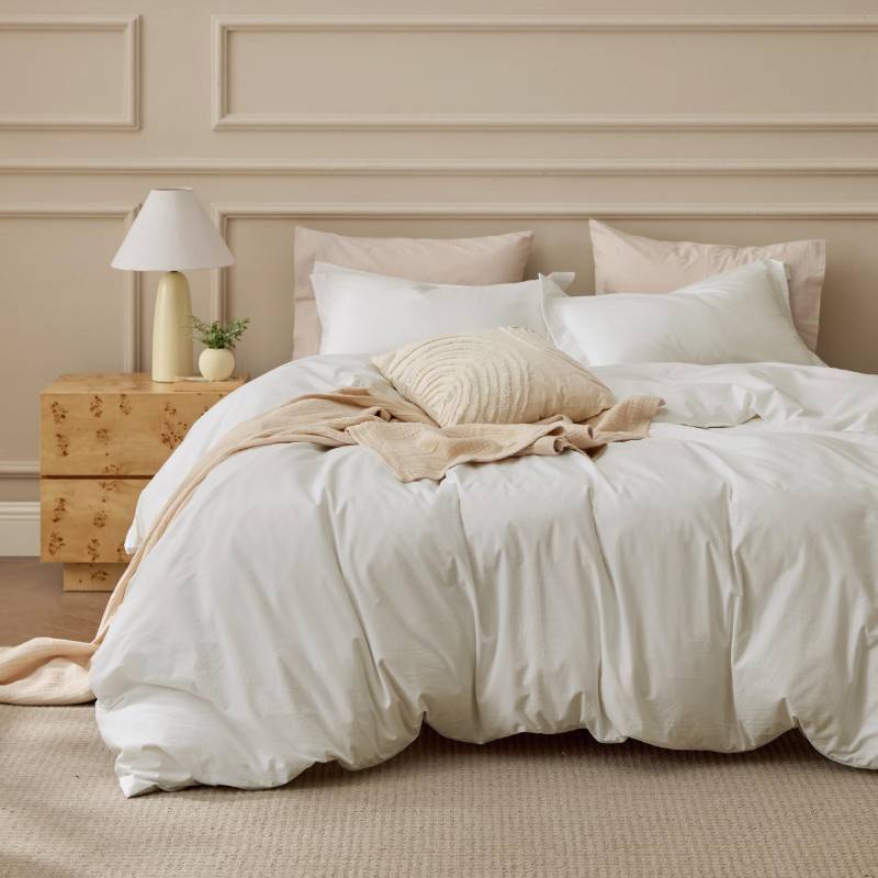 lot 26720 image: 100% Washed Cotton Duvet Cover Queen Size - Ivory Minimalist Bedding Set Linen Like - PureWoven Plain Simple & Soft Comforter Cover for All Seasons, 3 Pieces (Ivory, Queen, 90x90) - Retail $60