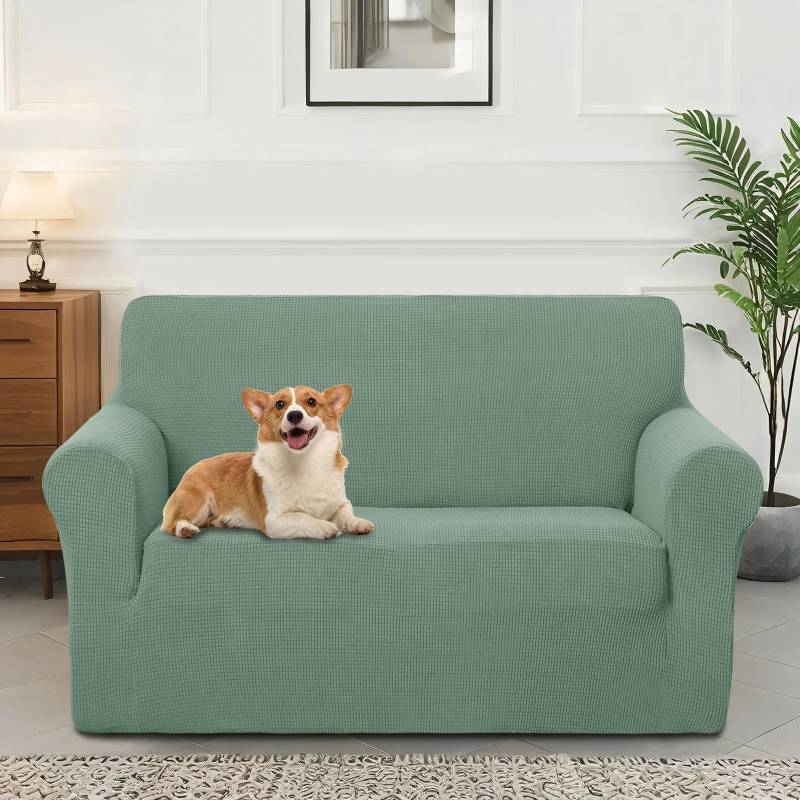 lot 26723 image: Home Stretch Couch Cover Washable Sofa Slipcover Furniture Protector with Non Skid Foam and Elastic Bottom for Kids, Dog(LoveseatOlive Green) - Retail $33