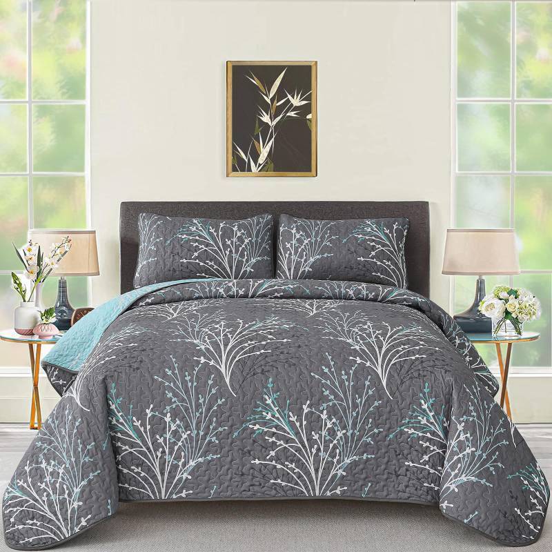 lot 26738 image: Queen Size Quilt Set Grey Blue Reversible Bedspread Bedding Set, 3 Piece Branch Floral Lightweight Microfiber Coverlet with Pillowcases Gray Botanical Quilted Bedding Set for All Season (96x90) - Retail $37