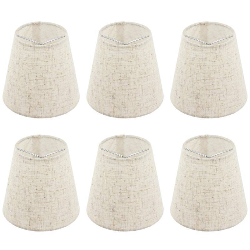 lot 26755 image: Set of 6 Chandelier Lamp Shades 5 Inch, Mini Barrel Lampshades Clip On for Table Lamp Wall Lamp Replacement, Natural Linen Mini Lamp Shade, 3.5x5x5.5in (Top Height Bottom) - Retail $28