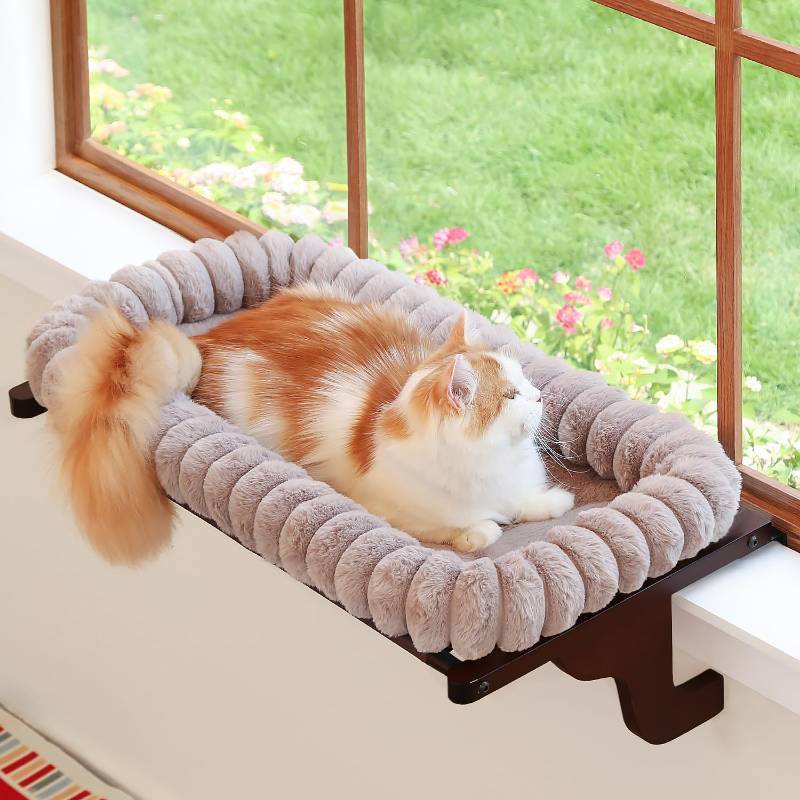 lot 26758 image: Cat Window Perch with 4-Sided Bolster - Orthopedic Cat Hammock for Window Sill - Solid Hardwood & Metal Frame - Window Seat for Pets (Dark Stained Wood wBrown Bed, Large) - Retail $33