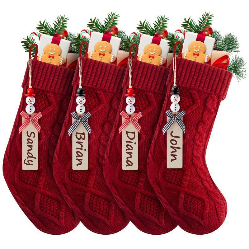 lot 26763 image: Christmas Stockings, Personalized Christmas Hanging Stockings with Name Tags, 18 Inches Large Size Knitted Stockings for Mantels Christmas Tree Family Holiday Decor, 4 Pack, Red - Retail $23