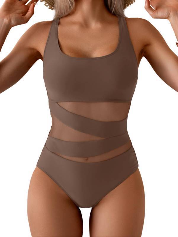lot 26773 image: B2prity Womens Mesh One Piece Swimsuit Tummy Control Sexy Bathing Suit Push Up Swim Suit Slimming Swimwear Brown XL - Retail $38