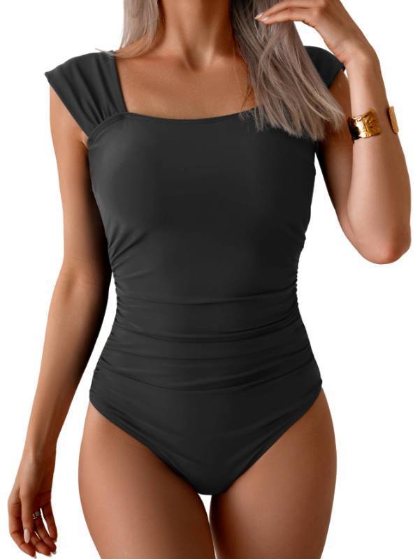 lot 26780 image: Womens One Piece Swimsuit Retro Square Neck Tummy Control Bathing Suits Ruched Modest Full Coverage Swimwear(Black) L - Retail $38