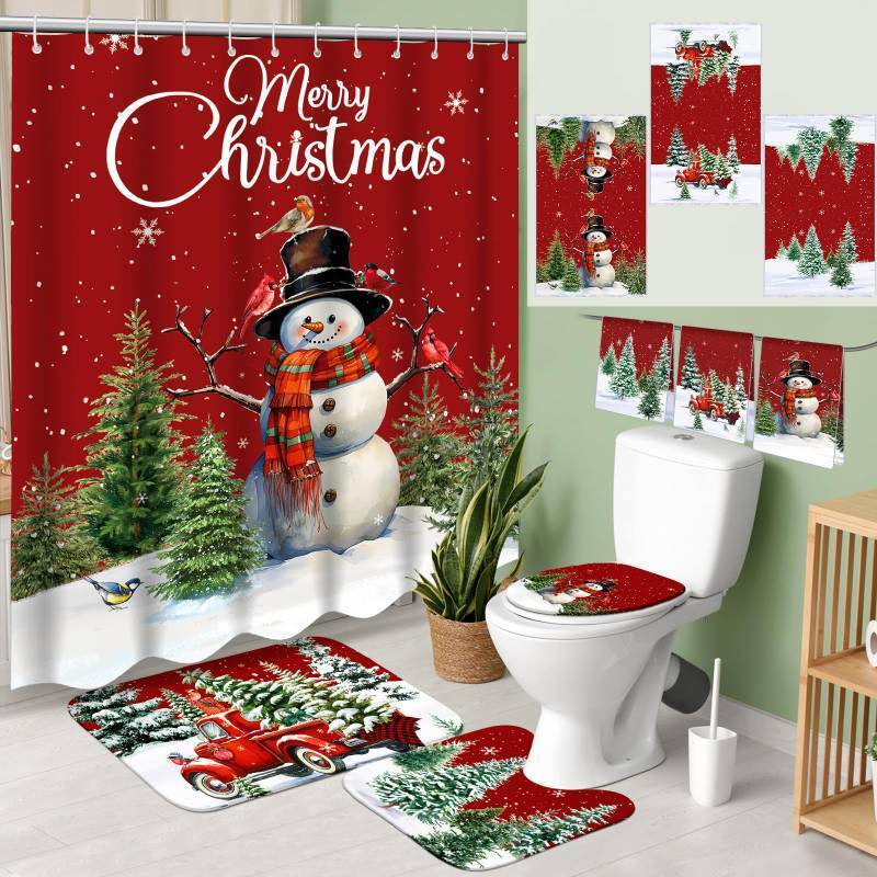lot 26786 image: 7 Pcs Christmas Shower Curtain Set Merry Christmas Bathroom Curtain Non Slip U Shape Rugs Toilet Seat Cover Mat and 3 Towels Waterproof Watercolor Xmas Winter Bathroom Accessories - Retail $32