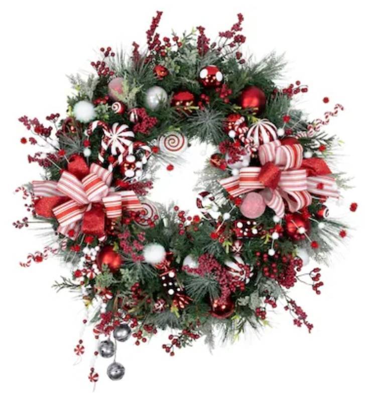 lot 26842 image: Christmas Holiday Wreath with Red and White Decorations - Retail $70