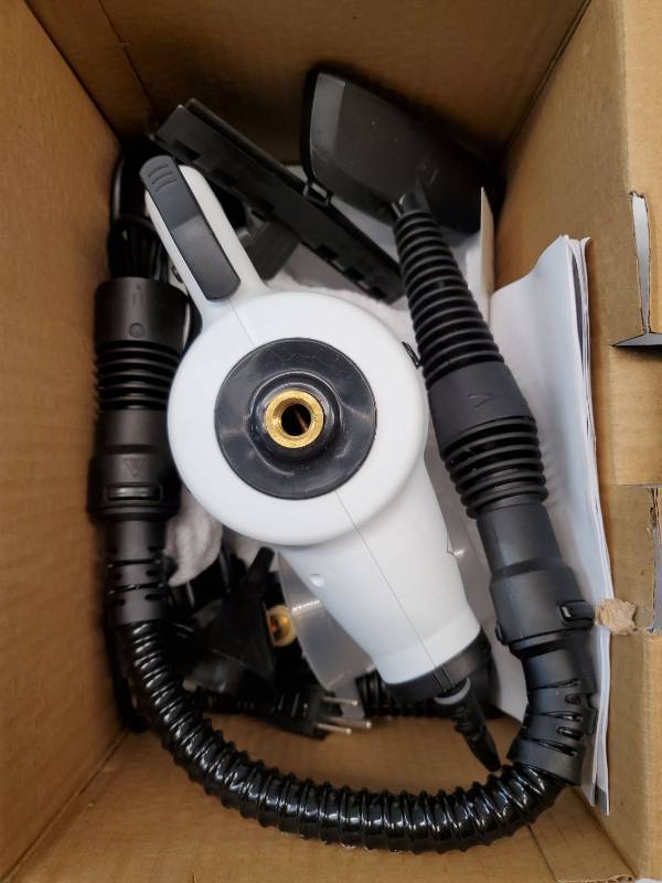 lot 26858 image: Handheld Steam Cleaner, 9-Piece Accessory Set, White, Steamer for Cleaning, Couch Cleaner, Steam Cleaner Carpet and Upholstery - Retail $30