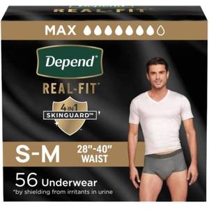 lot 56753 image: Depend Real Fit Adult Diapers, Incontinence Underwear for Men, Disposable, Maximum Absorbency, SmallMedium, Grey, Pack of 28, Packaging May Vary - Retail $25