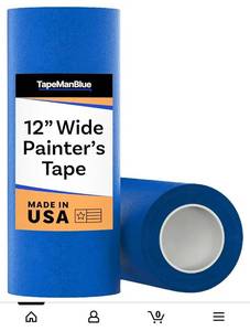 lot 56763 image: TapeManBlue Wide Blue Painters Tape, 12 inch x 60 yds, Made in America, Great Masking Tape for 3D Printing and Laser Cutting, Removes Cleanly - Retail $38