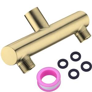 lot 56764 image: Double Shower Head Manifold Splitter 2 Way Shower Arm Diverter Dual Outlet Adapter for 2 Showerheads, Brushed Gold - Retail $19