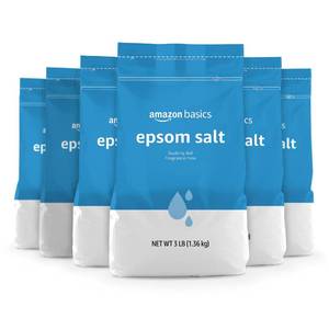 lot 56765 image: Amazon Basics Epsom Salt Soak, Fragrance Free, Magnesium Sulfate USP for Relaxation and Soothing Foot Soaking, 3 Pound Resealable Bags, 6-Pack - Retail $20