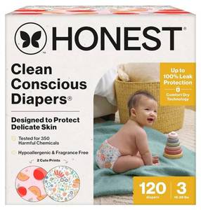 lot 56769 image: The Honest Company Comfort Dry Diapers, Hypoallergenic, Fragrance-Free, Sensitive Skin, Just Peachy  Flower Power, Super Club Box Size 3 (16��28 lbs), 120 Count - Retail $50