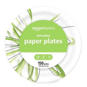 lot 56770 image: Amazon Basics Everyday Disposable Paper Plates, 10 Inch, Microwave-Safe, Cut Resistant, Soak-Proof, 150 Count - Retail $14