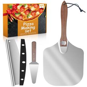 lot 56771 image: Aluminum Pizza Peel 12x14 With Foldable Wooden Handle - Metal Paddle, Rocker Cutter, and Server for Pizza Oven. MISSING SERVING SPATULA. - Retail $19