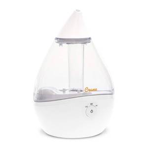 lot 56779 image: Crane Droplet Ultrasonic Small Air Humidifiers for Bedroom and Office, 0.5 Gallon Cool Mist Humidifier for Plants and Home, Humidifier Filters Optional, Clear and White - Retail $41