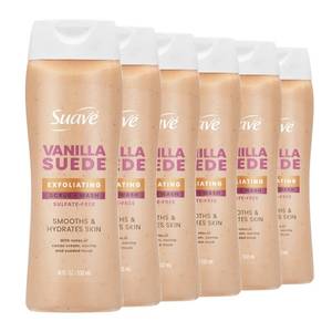 lot 56783 image: Suave Vanilla Suede Exfoliating Body Wash & Scrub with Glycerin & Vitamin E, Sulfate-Free Hydrating Cleanser for Soft, Smooth Skin, 6 Count, 18 FL OZ - Retail $26