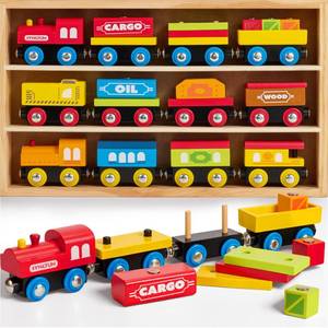 lot 56791 image: Montessori Wooden Train Toy Set for Kids, 12PCS Magnetic Train Cars with Storage Gift Box, STEM Educational Toy for Boys & Girls, Ages 2-8 Years, Easter Birthday Party Gift - Retail $26