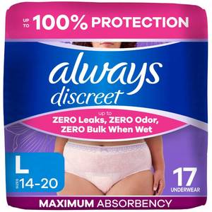 lot 56794 image: Always Discreet Adult Diapers for Women, Incontinence Underwear, Postpartum Essentials, Disposable Briefs, Max Absorbency, Bladder Leak Protection, Large, 17ct - Retail $14