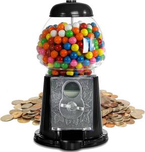 lot 56798 image: Gumball Machine for Kids 9 - Heavy Duty Metal with Glass - Christmas Antique Style Bubble Gum Machine - Kids Coin Operated Toy Bank for USA Coins - Candy Dispenser - Missing Part to Lock the Lid. - Retail $40