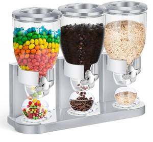 lot 56799 image: Triple Indispensable Dry Food Dispenser 67oz Each Capacity Cereal Container for Storage Preserving Dispensing Kitchen Rice Candy Nuts Dog Food Granola Snack Gumball Countertop (Silver). - Retail $40