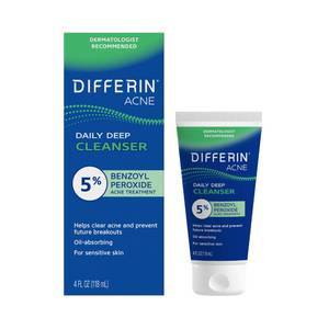 lot 56803 image: Differin Acne Face Wash with 5% Benzoyl Peroxide, Daily Deep Cleanser by the makers of Differin Gel, Gentle Skin Care for Acne Prone Sensitive Skin, 4 oz (Packaging May Vary) - Retail $10