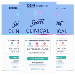 lot 56809 image: Secret Clinical Strength Antiperspirant Deodorant for Women, Free & Sensitive, 3X Stress Protection, 72hr Sweat & Odor Protection, PH Balancing Minerals, Invisible Solid, Unscented, 1.6 oz (Pack of 3) - Retail $8