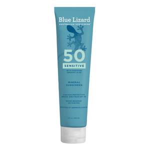 lot 56817 image: Blue Lizard Sensitive Mineral SPF 50 Sunscreen Lotion, 100% Mineral Sunscreen, UVAUVB Protection, Infused with organic Aloe Vera, Soothes and Hydrates, 5 fl oz - Retail $15