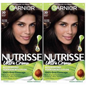 lot 56826 image: Garnier Nutrisse Ultra Cr�me Hair Color, Permanent Hair Dye with 100% Gray Coverage, Vegan & Cruelty-Free, 30 Darkest Brown (Sweet Cola), 2 Count - Retail $18