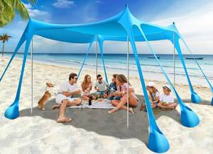 lot 21189 image: Rhino Valley Beach Tent, 10 x 10 FT Beach Shade UPF50 Protection, Beach Canopy with 8 Sandbags 4 Stability Poles, Outdoor Beach Tent Sun Shelter Umbrella for Sand,Camping,Fishing Essentials, Sky Blue - Retail $81