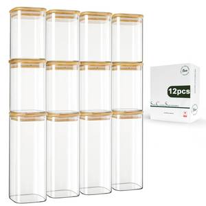 lot 21190 image: LIBWYS 12-Pack Square Glass Storage Jars with Bamboo Lids (0.6Qt1.06Qt) - Stackable Food Containers for Pantry Organization, Coffee, Flour, Snacks, Tea  Kitchen Canisters Set - Retail $41
