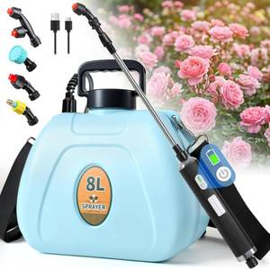 lot 21193 image: PASAMIC 2 Gallon Battery Powered Sprayer, Rechargeable Electric Sprayer with 2 Speeds & 4 Nozzles, Battery Indicator, Retractable Wand, Adjustable Straps & Storage Bag for Lawn Garden damage to attachment check photos as is - Retail $30