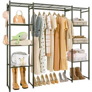 lot 21196 image: Neprock Portable Closet Wardrobe, Metal Clothing Rack with 8 Shelves & 1 Hang Rod, Free Standing Closet Rack for Hanging Clothes Closet Organizers and Storage, 636312, Black still wrapped up - Retail $59
