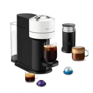 lot 21198 image: Nespresso Vertuo Next Coffee and Espresso Maker by DeLonghi with Aeroccino Milk Frother, White powers on - Retail $160