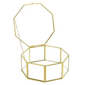 lot 21217 image: Sanllusit Glass Vintage Jewelry Box, Octagon Gold Display Organizer, Vanity Lidded Home Decor Accent for Storage Trinket Rings Bracelet - Big - Retail $20