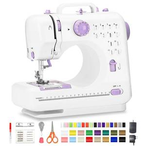 lot 21218 image: Sewing Machine for Beginners with 12 Built-in Stitches, Mini Sewing Machine with Foot Pedal, High-Low Speeds, Portable and Sewing Enthusiasts (505) - Retail $43